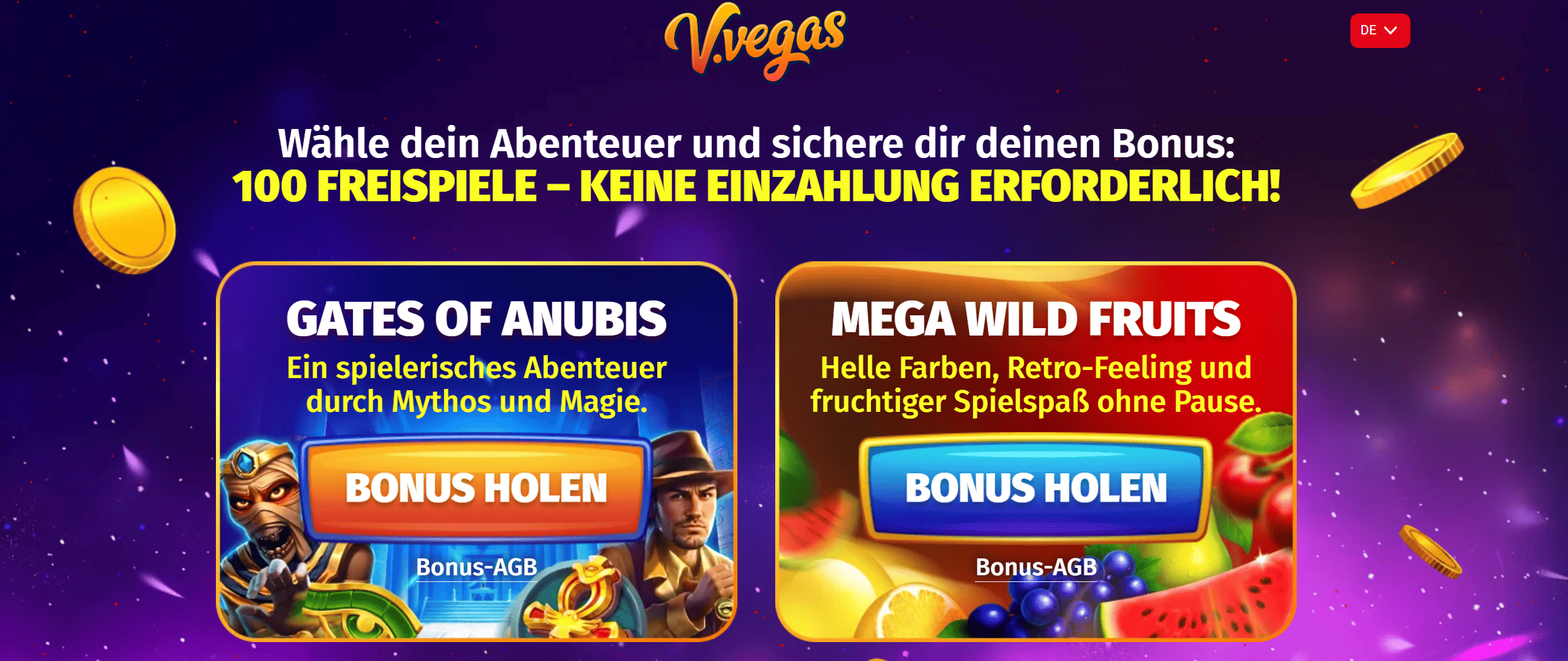 V.Vegas Casino — 100 Freispiele Willkommensbonus für deutsche Spieler
